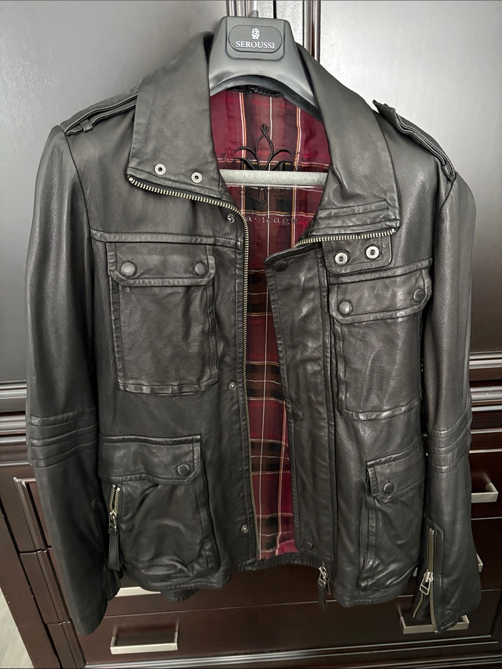Mackage Black Leather Military-Style Field Jacket